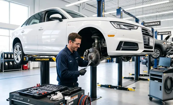 An auto technician working on a car raised on a lift in a modern service bay